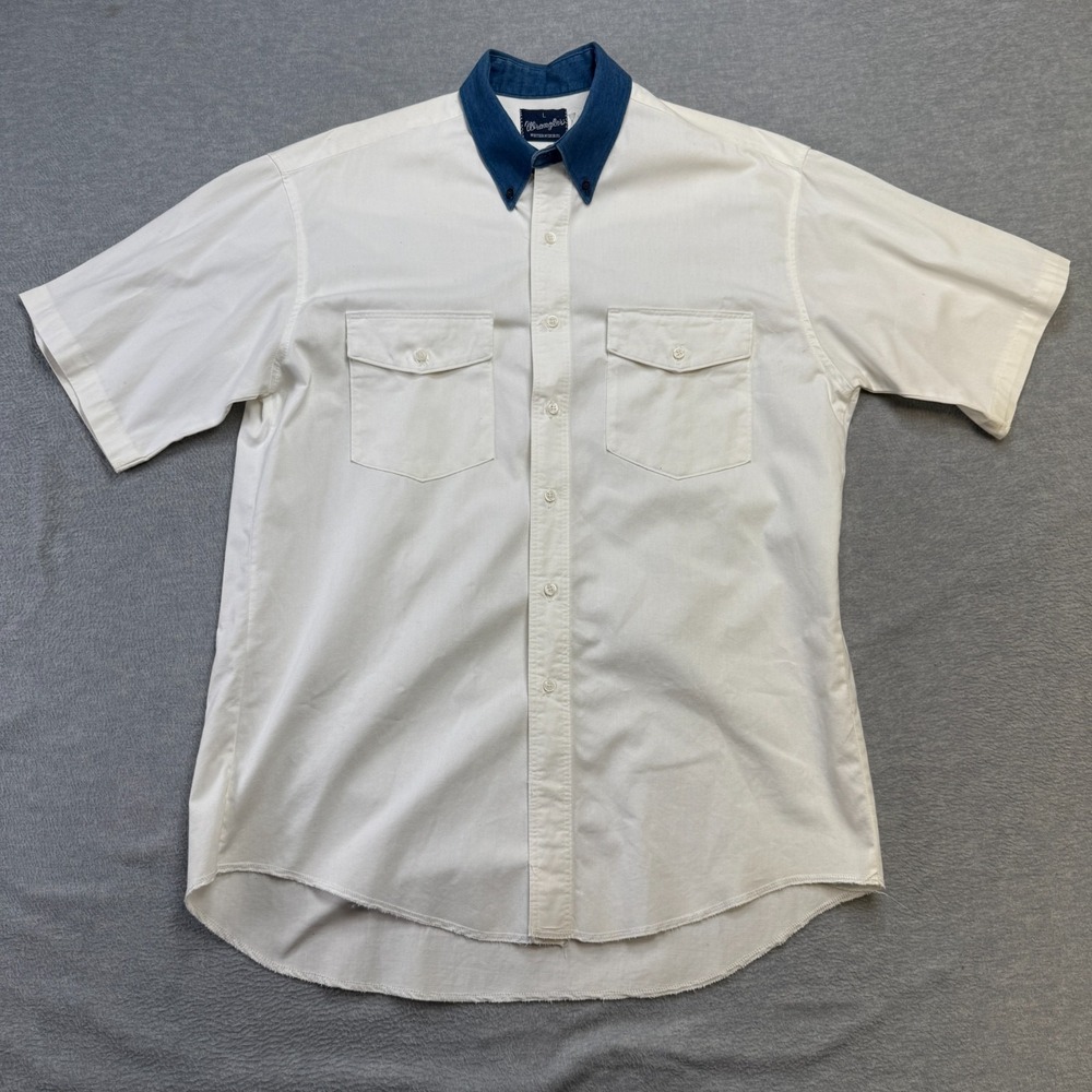 Vintage Wrangler Shirt Mens Large White Western Button Up Rancher Rodeo Raw Hem
